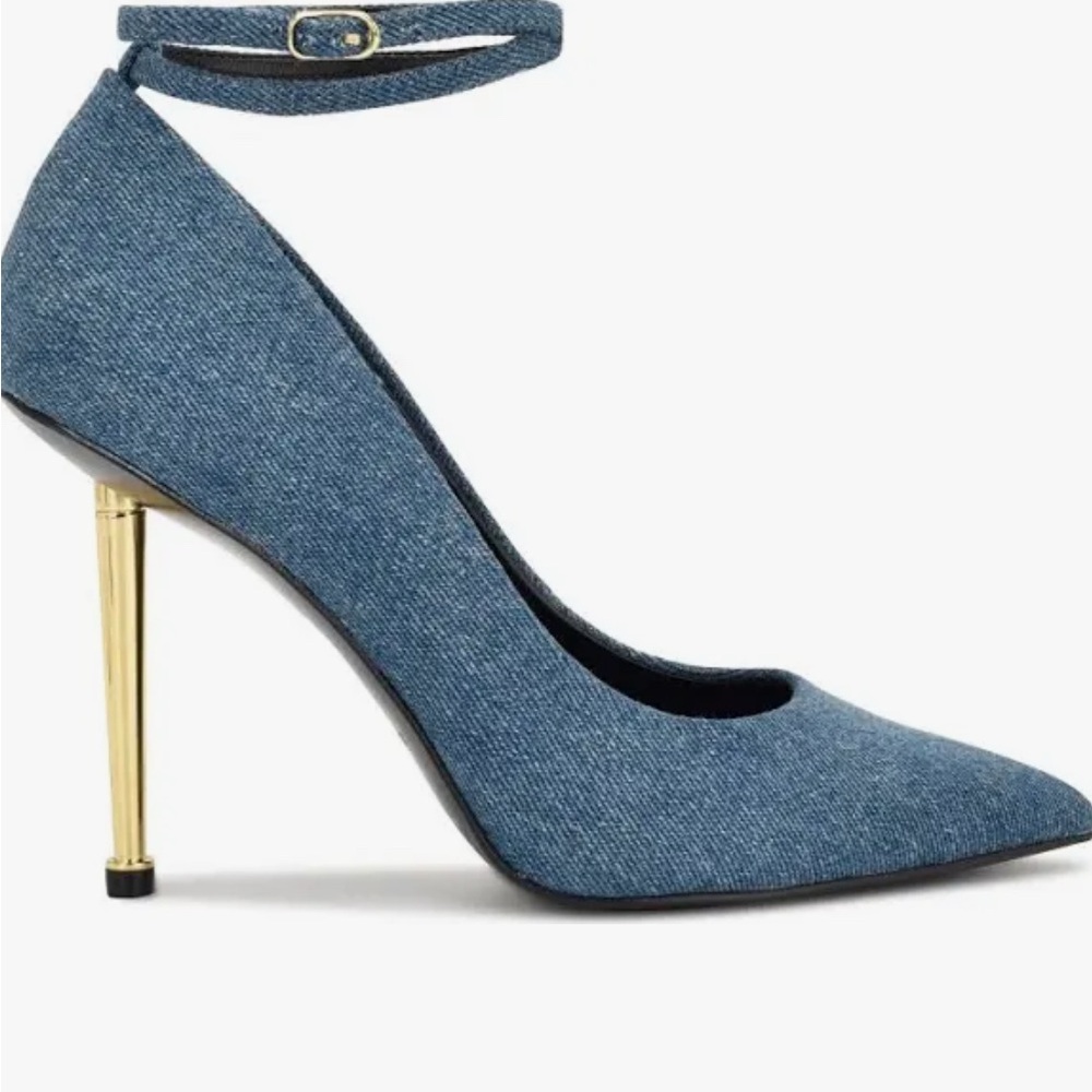 Nine West Trev’s Denim Fabric Pump with Polished Gold Heel